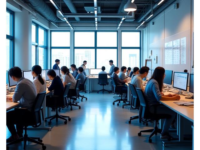 현대적이고 활기찬 미력스포츠케이 사무실에서 팀원들이 협력하는 모습