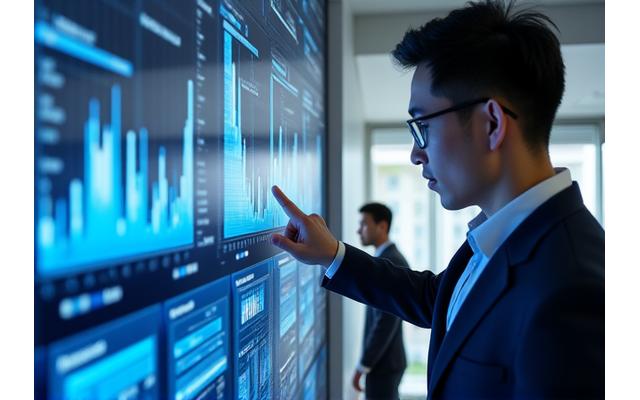 미력스포츠케이 전문 상담원이 태블릿으로 AI 스포츠 데이터 시각화 자료를 보여주며 설명하는 이미지