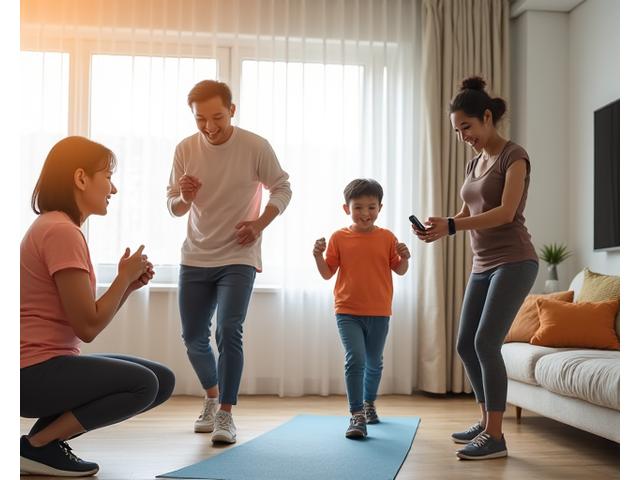 거실에서 함께 운동하는 행복한 가족의 모습