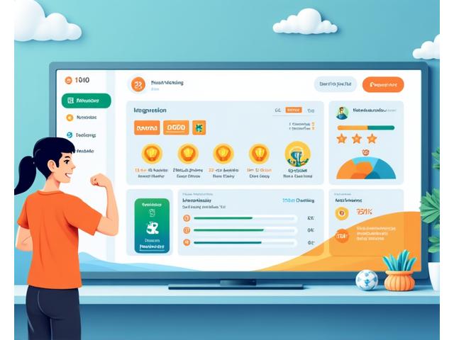 운동 성과를 보여주는 대시보드 화면과 배지, 리워드 아이콘