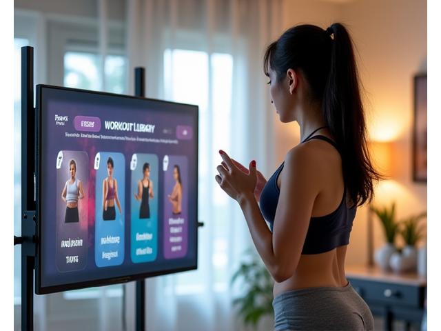 다양한 운동 레슨이 뜨는 태블릿 화면을 보며 운동하는 여성