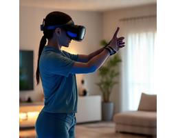 집에서 VR 시스템을 사용하는 사람