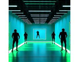 대형 VR 훈련실에서 팀이 훈련하는 모습