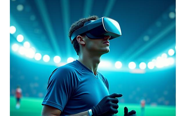 선수가 VR 헤드셋을 착용하고 가상 축구 경기장에서 훈련하는 모습