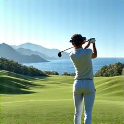 VR 골프 코스에서 스윙하는 모습