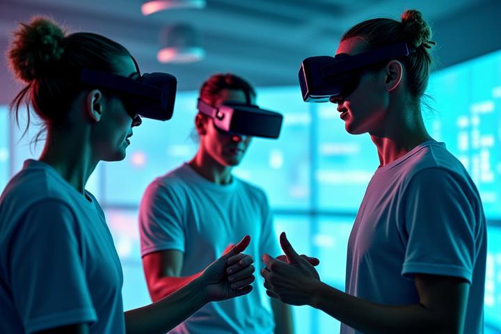 여러 선수가 VR 환경에서 함께 훈련하며 소통하는 모습
