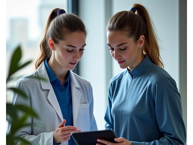 여성 스포츠 과학 전문가가 젊은 여성 선수와 상담하는 모습