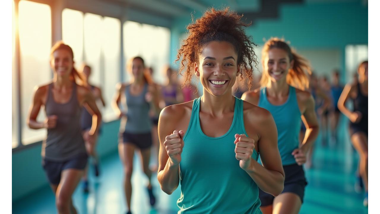 다양한 연령대와 체형의 여성 스포츠 선수들이 함께 운동하며 활기찬 모습