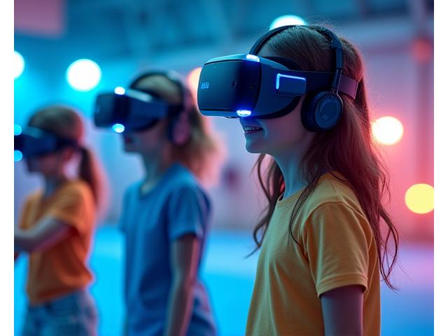 아이들이 VR 헤드셋을 착용하고 가상현실 스포츠 게임을 즐기는 모습