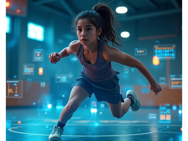 젊은 운동선수의 퍼포먼스를 AI로 분석하는 데이터 화면과 함께 훈련하는 모습